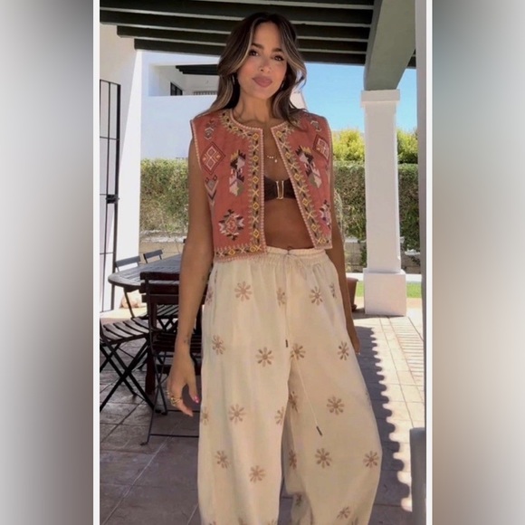 Zara Embroidered Floral Wide-Leg Pants Boho Scalloped Hem S - Picture 5 of 13